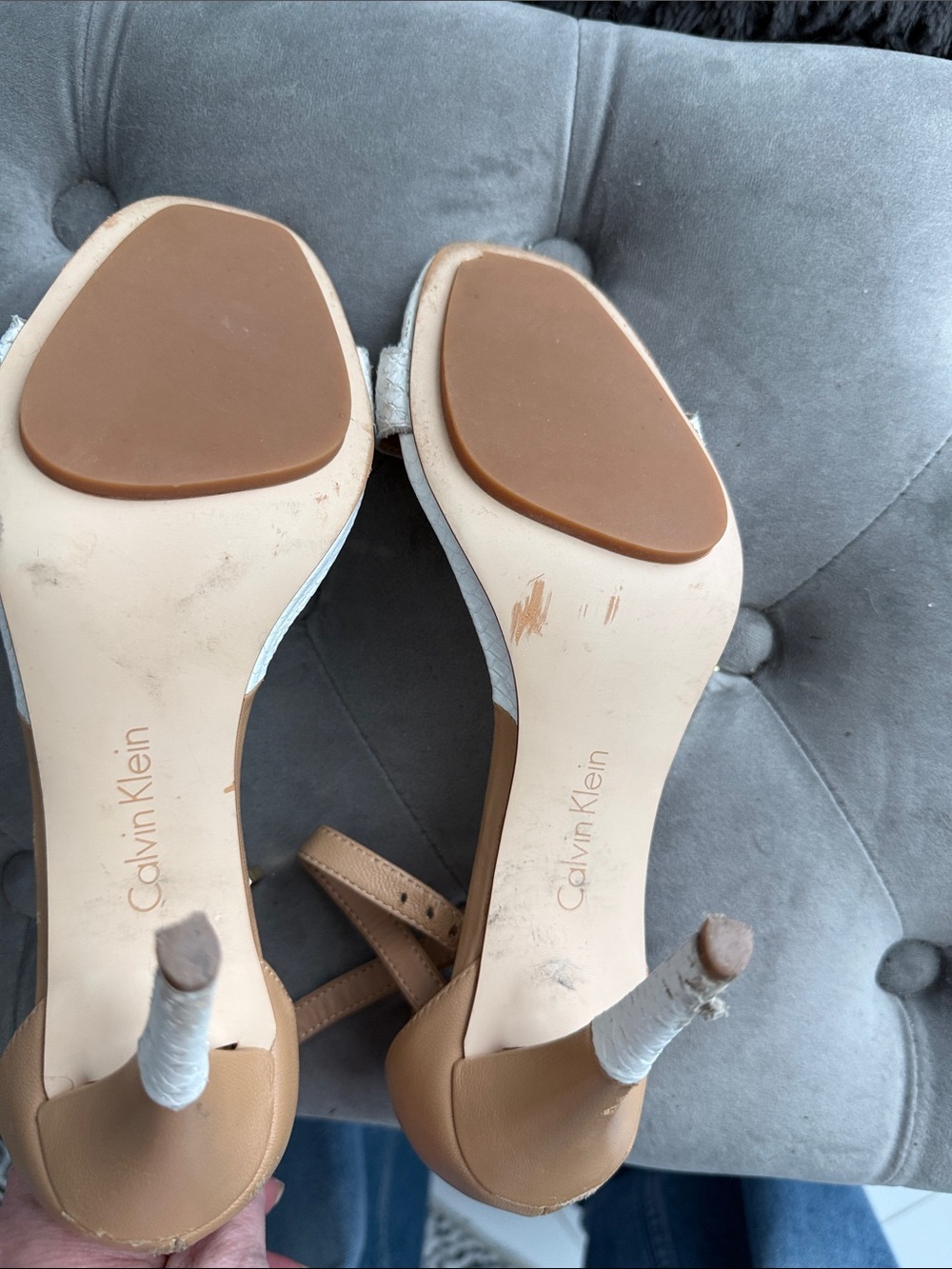 Calvin Klein White and Tan Two-Tone Ankle Strap Heels - Picture 9 of 11